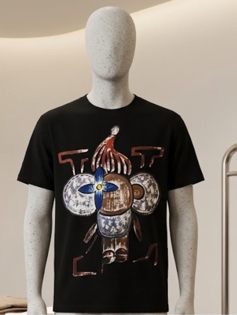 Men's Black Short Sleeve Graphic Tee with Multicolor Center Emblem